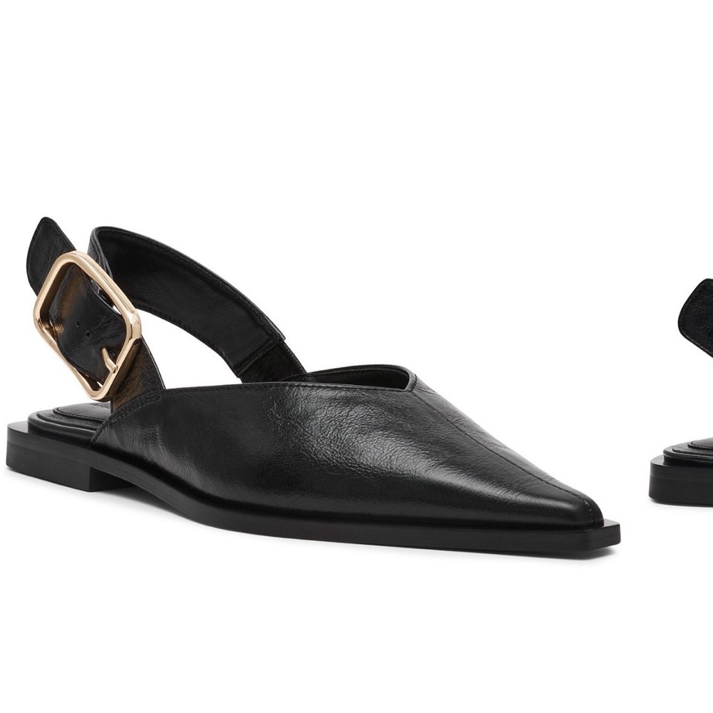 Steve Madden Black Pointed Slingback Flats with Gold Buckle Detail - Picture 2 of 6